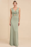 Sage Sheath V Neck Sleeveless Ruched Satin Long Bridesmaid Dress with Hollow Out