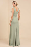 Sage Sheath V Neck Sleeveless Ruched Satin Long Bridesmaid Dress with Hollow Out