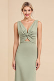 Sage Sheath V Neck Sleeveless Ruched Satin Long Bridesmaid Dress with Hollow Out