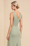 Sage Sheath V Neck Sleeveless Ruched Satin Long Bridesmaid Dress with Hollow Out