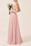 Blush Pink A-Line Strapless Tulle Long Bridesmaid Dress