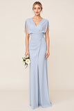 Light Blue Sheath Wrap V Neck Chiffon Long Bridesmaid Dress