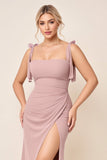 Dusty Rose Spaghetti Straps Ruched Long Bridesmaid Dress with Slit