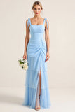 Sky Blue Sheath Spaghetti Straps Ruffles Ruched Long Bridesmaid Dress with Slit
