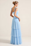 Sky Blue Sheath Spaghetti Straps Ruffles Ruched Long Bridesmaid Dress with Slit