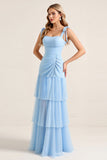 Sky Blue Sheath Spaghetti Straps Ruffles Ruched Long Bridesmaid Dress with Slit