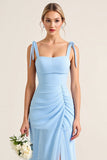 Sky Blue Sheath Spaghetti Straps Ruffles Ruched Long Bridesmaid Dress with Slit