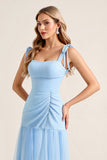Sky Blue Sheath Spaghetti Straps Ruffles Ruched Long Bridesmaid Dress with Slit