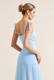 Sky Blue Sheath Spaghetti Straps Ruffles Ruched Long Bridesmaid Dress with Slit