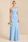Sky Blue Sheath One Shoulder Ruched Satin Long Bridesmaid Dress
