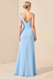 Sky Blue Sheath One Shoulder Ruched Satin Long Bridesmaid Dress