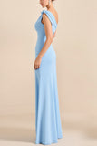 Sky Blue Sheath One Shoulder Ruched Satin Long Bridesmaid Dress