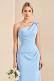 Sky Blue Sheath One Shoulder Ruched Satin Long Bridesmaid Dress