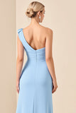 Sky Blue Sheath One Shoulder Ruched Satin Long Bridesmaid Dress