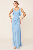 Sky Blue Sheath Ruffled Neckline Ruched Long Bridesmaid Dress
