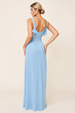 Sky Blue Sheath Ruffled Neckline Ruched Long Bridesmaid Dress