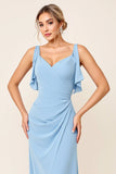 Sky Blue Sheath Ruffled Neckline Ruched Long Bridesmaid Dress