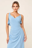 Sky Blue Sheath Ruffled Neckline Ruched Long Bridesmaid Dress