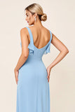 Sky Blue Sheath Ruffled Neckline Ruched Long Bridesmaid Dress