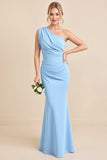 Sky Blue One Shoulder Ruched Long Bridesmaid Dress