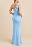 Sky Blue One Shoulder Ruched Long Bridesmaid Dress