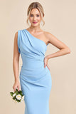 Sky Blue One Shoulder Ruched Long Bridesmaid Dress