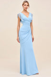 Sky Blue Sheath Wrap V Neck Ruffle Sleeves Ruched Long Bridesmaid Dress
