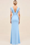 Sky Blue Sheath Wrap V Neck Ruffle Sleeves Ruched Long Bridesmaid Dress