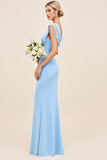 Sky Blue Sheath Wrap V Neck Ruffle Sleeves Ruched Long Bridesmaid Dress