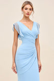 Sky Blue Sheath Wrap V Neck Ruffle Sleeves Ruched Long Bridesmaid Dress