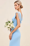 Sky Blue Sheath Wrap V Neck Ruffle Sleeves Ruched Long Bridesmaid Dress