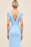 Sky Blue Sheath Wrap V Neck Ruffle Sleeves Ruched Long Bridesmaid Dress