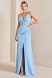 Sky Blue Sheath Wrap Spaghetti Straps Ruched Long Bridesmaid Dress with Slit