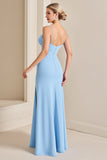 Sky Blue Sheath Wrap Spaghetti Straps Ruched Long Bridesmaid Dress with Slit