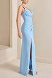 Sky Blue Sheath Wrap Spaghetti Straps Ruched Long Bridesmaid Dress with Slit