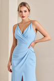 Sky Blue Sheath Wrap Spaghetti Straps Ruched Long Bridesmaid Dress with Slit