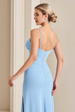 Sky Blue Sheath Wrap Spaghetti Straps Ruched Long Bridesmaid Dress with Slit