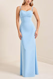 Sky Blue Sheath Spaghetti Straps Satin Long Bridesmaid Dress