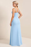 Sky Blue Sheath Spaghetti Straps Satin Long Bridesmaid Dress
