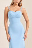 Sky Blue Sheath Spaghetti Straps Satin Long Bridesmaid Dress