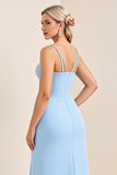 Sky Blue Sheath Spaghetti Straps Satin Long Bridesmaid Dress