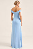 Blush Pink Sheath Off the Shoulder Ruched Satin Long Bridesmaid Dress with Slit