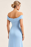 Blush Pink Sheath Off the Shoulder Ruched Satin Long Bridesmaid Dress with Slit