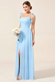 Sky Blue A-Line Spaghetti Straps Pleating Long Bridesmaid Dress with Slit