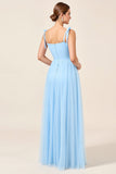 Sky Blue A-Line Spaghetti Straps Pleating Long Bridesmaid Dress with Slit