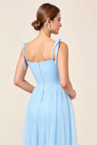 Sky Blue A-Line Spaghetti Straps Pleating Long Bridesmaid Dress with Slit