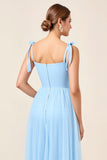 Sky Blue A-Line Spaghetti Straps Pleating Long Bridesmaid Dress with Slit
