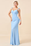 Sky Blue Bodycon Spaghetti Straps Ruched Long Bridesmaid Dress with Slit