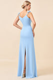 Sky Blue Bodycon Spaghetti Straps Ruched Long Bridesmaid Dress with Slit