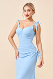 Sky Blue Bodycon Spaghetti Straps Ruched Long Bridesmaid Dress with Slit